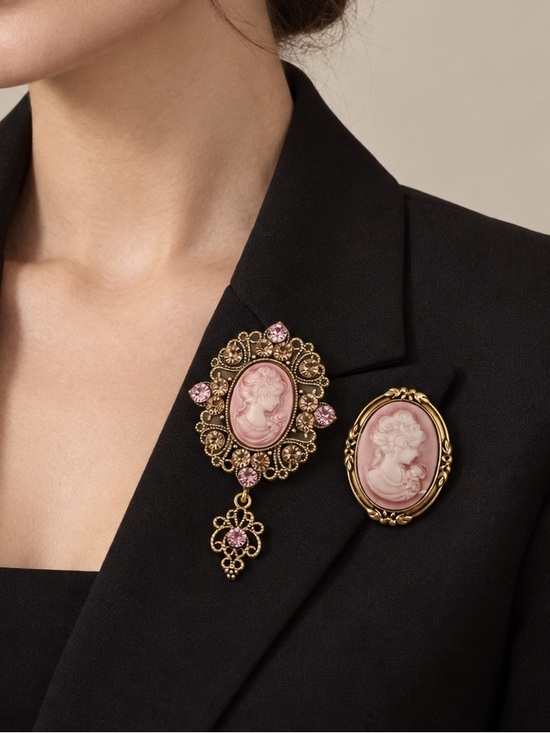 Antique Jewelry - Antique Pink and Gold Cameo Brooch Set - Antique Women Jewelry